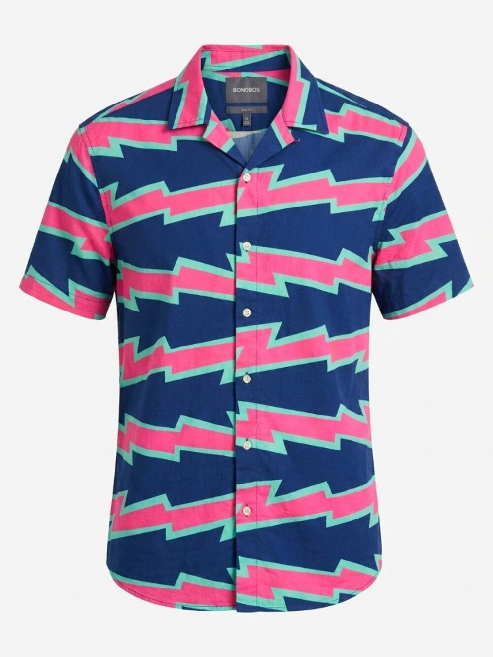 Bonobos Riviera Short Sleeve Button Down Shirt Pink Navy Lightning Slim Fit | M